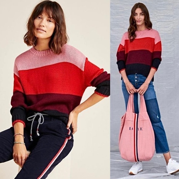 SUNDRY Wool Chunky Knit Colorblock Stripe Long Sleeve Slouchy Pullover Sweater M - Picture 1 of 13